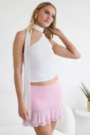 Pink Ruffle Skirt High Waisted Mini Ruched Mesh - Size 16XL, Women's Mini Skirt