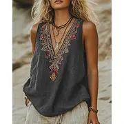 Women's Western Blouse Boho Shirt Blouse Flower Modern Boho Sleeveless V Neck Regular Tops Daily Holiday Going out Print Black Green Dark Gray Summer