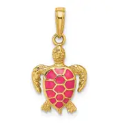 14k Yellow Gold Fuchsia Pink Enameled Sea Turtle Pendant