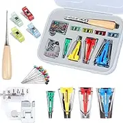 61Pcs Bias Tape Maker Kit Fabric Bias Binding Makers with Sewing Awl Bead Needles Adjustable Binder Clip Wooden Awl Foot Press for Sewing Quilting