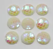 100 White Luster AB Flatback Resin Fish Scale Pattern Round Cabochon 12mm