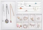 WADORN 3 In 1 Velvet Jewelry Tray White Rectangle Necklace Bracelet Display Tray Insert Divided Storage Container Stackable Jewelry Organizer for Earring Rings Watch Brooch Collections 14x10x1 Inch