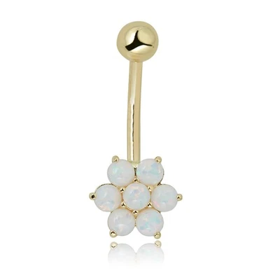 AVORA 10K Yellow Gold Simulated Opal Flower Belly Button Ring Body Jewelry (14