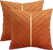 Tosleo Velvet Throw Pillow Covers 18x18 Pack of 2,Decorative Couch Luxury Modern Pillow Covers for Living Room Bedroom Sofa Cushion Bed with Gold Leather(Orange,18x18,Set of 2)
