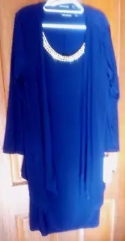 Nina Leonard - Waterfall Cardi & Jewelled Cap Sleeve Dress in Navy Blue Size XL