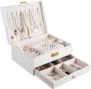 2-Layer Large Jewelry Organizer for Women - Removable Tray - White Gift Box