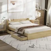 Oikiture Wooden Bed Frame Double Size with Charging Ports & 2 Drawers