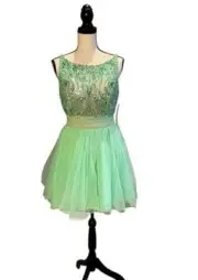 Sherri Hill Mint Green Nude Rhinestone Beaded Tulle Mini Dress Size 8 $299