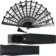 Kaitiaki Goth Folding Fan - Black Lace Handheld Fan with Spooky Spider Web Design, Gothic Accessories, Coffin Carrying Sleeve, High Airflow Fabric, Perfect for Halloween Costume