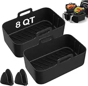 Wanocean 2Pcs 8QT Silicone Air Fryer Liners with Mitts, Air Fryer Basket Accessories, Reusable Airfryer Baking Tray Pots for Dual DZ201 / DZ090 6QT, Replacement of Parchment Liner Paper, Black