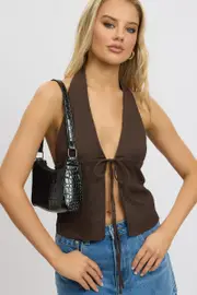 Brown Textured Top Halter Neck Tie Up Front - Size 14, Women's Top