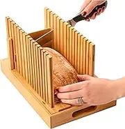 Bambüsi New Upgrade Bread Slicer for Homemade Bread - Bamboo Bread Cutter Adjustable Width, Foldable Bread Slicing Guide with Crumb Tray - Loaf Slicer for Cakes, Bagels, Kitchen Gifts (No Knife)