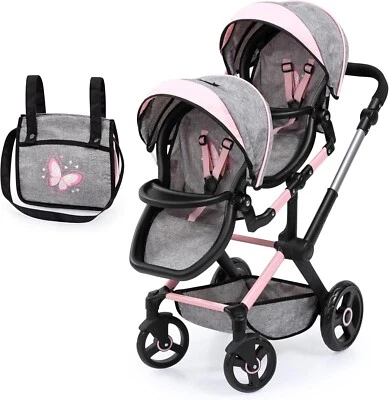 Bayer Design Twin Doll's Pram Bag Denim Grey Pink