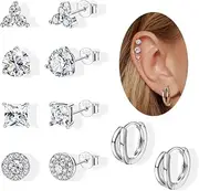 [Sanfenly] 5 Pairs Sterling Silver Stud Hoop Earrings Set for Multiple Piercing Hypoallergenic 925 Sterling Silver Small Cubic Zirconia Earrings Studs Huggie Hoops for Women Teen Girls