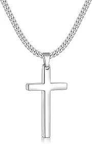 [Fiusem] Cross Necklace for Men, Silver Tone/Gold Plated/Black Mens Cross Necklaces with 3.5mm Cross Chain and Stainless Steel Cross Pendant, Cuban Chain 16-28 Inch