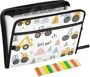 Quteprint 13 Pockets Expanding File Folder with Zipper Closure, Construction Trucks Tree Accordion File Folder with Sticky Labels, Letter Size A4 Papers Expandable File Document Organizer
