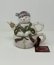 Tracy Tea For One Jingle Bell Collection Stacking Hand Painted Teapot Cup NWT