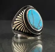 Unique Turquoise Inlaid Egg-Shaped Vintage Signet Ring Silver Plated Size 12