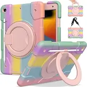 iPad 9th/8th/7th Generation iPad Case 10.2 inch with Pencil Holder, Case for iPad 10.2" 2021/2020/2019 with 360° Rotating Bracket & Adjustable Shoulder Strap, Drop-Proof iPad Cases for Girls