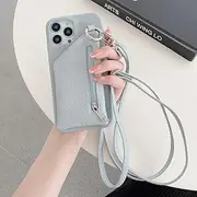 Zipper Wallet Crossbody Lanyard Phone Case for iPhone 14 Pro Max 13 12 11 XS XR 8 7 Plus Card Pocket Coin Purse Leather Cover for iPhone 12(12Pro) Gray Blue