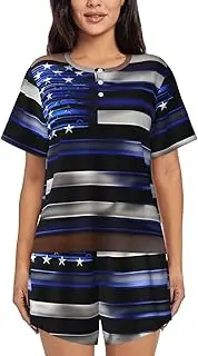 [ASBBTYG] American Thin Blue Line Flag Print Comfy Loungewear For Ladies Pajama Set Short Sleeve Women Sleepwear All Seasons