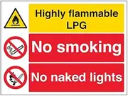 V Safety Warning Fire & Flammable- Flammable Lpg/No Smoking/No Naked Lights - 400 X 300MM Safety Sign With Snap Frame