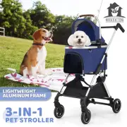 Foldable 4 Wheels Pet Stroller 3-in-1 Car Seat Travel Carrier Detachable Basket