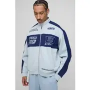 Mens Light Blue Oversized Jersey Moto Collar Bomber Jacket