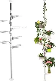 ALSTON 7-Layer Plant Stands Tension Pole Height Adjustable 230-290cm Metal Pot Hanging Flower Display Rack with 6 Trays and Hanging Hook for Indoor Balcony Patio