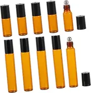 BATHVEVE 10Pcs Makeup Glass Roller Bottles Tea Color Refillable Containers for Essential Oils and Perfumes Corrosion Resistant Portable Travel Toiletry Bottles