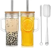 24oz Ribbed Glass Cup with Lids and Straws,2Pack Glass Tumbler with Handle,Reusable iced Coffee Cups,Wide Mouth Mason jar Cup for Smoothie,Iced Coffee,Fruit Juice,Soda Water,Tea,Travel Mug