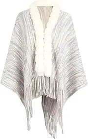 [HEYDHSDC] Fur Collar Korean Oversized Poncho Tassel Cloak Shawl Sweater Women'S Vintage Loose Cardigan Coat