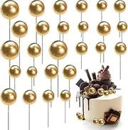 Gold Balls for Cakes, 50pcs Round Ball Cake Topper Mini Balloons Cupcake Toppers Sticks DIY Foam Golden Ball Cake Decorations for Birthday Wedding