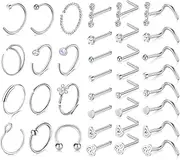 [Briana Williams] 20g Nose Rings Studs L Shape Nose Screw Surgical Stainless Steel Nose Rings Hoop Diamond Heart Hypoallergenic Nostril Nose Piercing Jewelry for Women Men Silver Rose Gold Black Rainbow