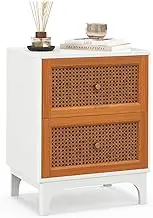 Giantex Rattan Nightstand, Boho Accent Table with 2 Handwoven Rattan Decorated Drawers, Bedside Table with Solid Wood Legs for Bedroom and Living Room, White