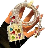 Cute Charging Cord Protector for iPhone Charger Adapter,Colorful Heart-Shaped Diamond Design,Soft Cable Protector Cover Clear Data Cable Saver for Women for iPhone/iPad 18W/20W Charger Protective Case