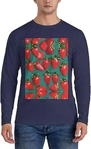 [GaxfjRu] Many Strawberry Print Casual Crewneck Lightweight Sweater Men's Long Sleeve Shirts, Sizes S-3X