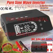 LCD Display Pure Sine Wave Inverter 12V to 240V 1000W w/3 AC Outlets 4 USB Ports