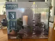 Mikasa Home Accents 2 In 1 Clear Glass Candle Holders Set Of 3 Varied Sizes NIB