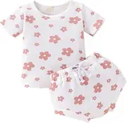 [YEHOOM] Toddler Girl Boy Outfit Waffle Short Sleeve Tank Tee Top Bloomer Shorts 2-Piece Infant Summer Floral Clothes Set
