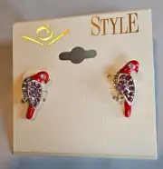 Style Brand Stud Back Earrings Small Red Birds Enamel Coated With Rhinestones