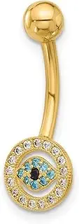 [JewelryWeb] 14ct Solid Yellow Gold 14 Gauge Polished Multi color CZ Simulated Diamond Evil Eye Navel Belly Ring 23mm Long