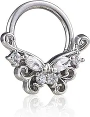 [Dtja] 16G Flower Butterfly CZ Nose Ring Surgical Steel Septum Jewelry for Women Girls Crystal Hypoallergenic Hinged Segment Body Piercing Nose Hoop Rings Helix Ear Cartilage Rook Earrings 8mm 1 Piece, Metal, cubic-zirconia