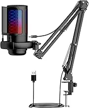 AnnuoYi USB PC Gaming Microphone,PC Streaming Recording Computer RGB Microphone Set for Podcasting,Plug & Play、with Adjustable Boom Arm Stand，for PC Gaming、Podcasting、Streaming