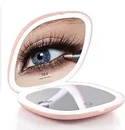 WUSHXI Portable LED Lighted Makeup Mirror with 10X Magnification – Compact Mirror with Light for Purse, Pocket, or Vanity – Travel Accessories for Women, Rechargeable, Dimmable, Ideal Gift (Pink)
