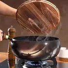 9.45inch Wok Pan Gas Boiling Wood Lid Flat Bottom Wok for Camping Home Hotel