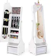 HONEY JOY Kids Jewelry Cabinet with Full-Length Mirror, Standing Children Jewelry Organizer with Foldable Drawer, 2 Adjustable Tilt Angles, Princess Jewelry Armoire for Kids Bedroom & Playroom, White