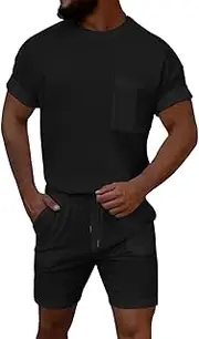 [Generic] Men's Summer Plaid Breathable Round Neck Solid Color T Shirt Top Shorts Set Party Suits Men