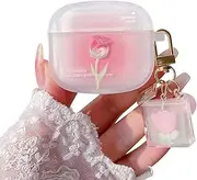 PHOEACC Cute Airpod Gen 3 Case (NOT Fit Airpod Pro) Romantic Rose Flower with Keychain Clear Frosted Protective Cover Compatible with AirPods 3rd Generation Case for Girls Women (Rose Pink)