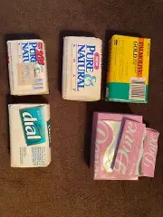 5 Vintage 1980s-90s Bath Soap Bars (Dove, Dial, Palmolive, P&N) prop/advertising